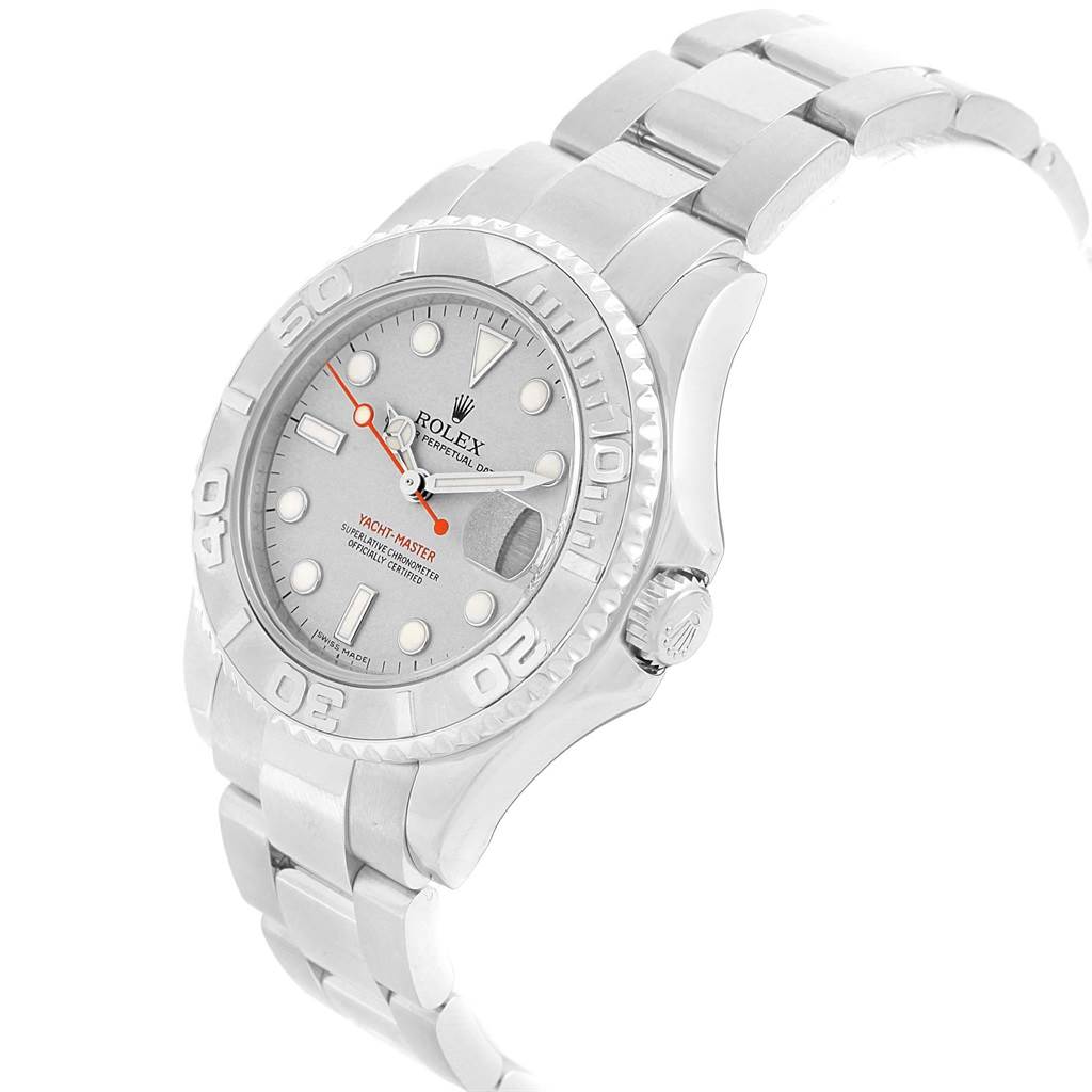 The image shows a Rolex Yacht-Master 168622 Men's Stainless Steel Silver Dial 168622 Men's Stainless Steel Silver Dial watch from a slightly angled top view, highlighting its face, bezel, bracelet, and crown.