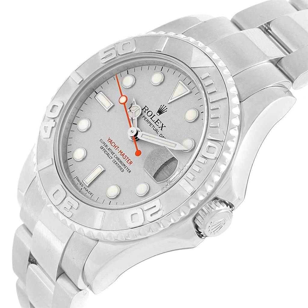 This Rolex Yacht-Master 168622 Men's Stainless Steel Silver Dial 168622 Men's Stainless Steel Silver Dial watch is shown at an angle, clearly displaying the dial, bezel, bracelet, and crown.