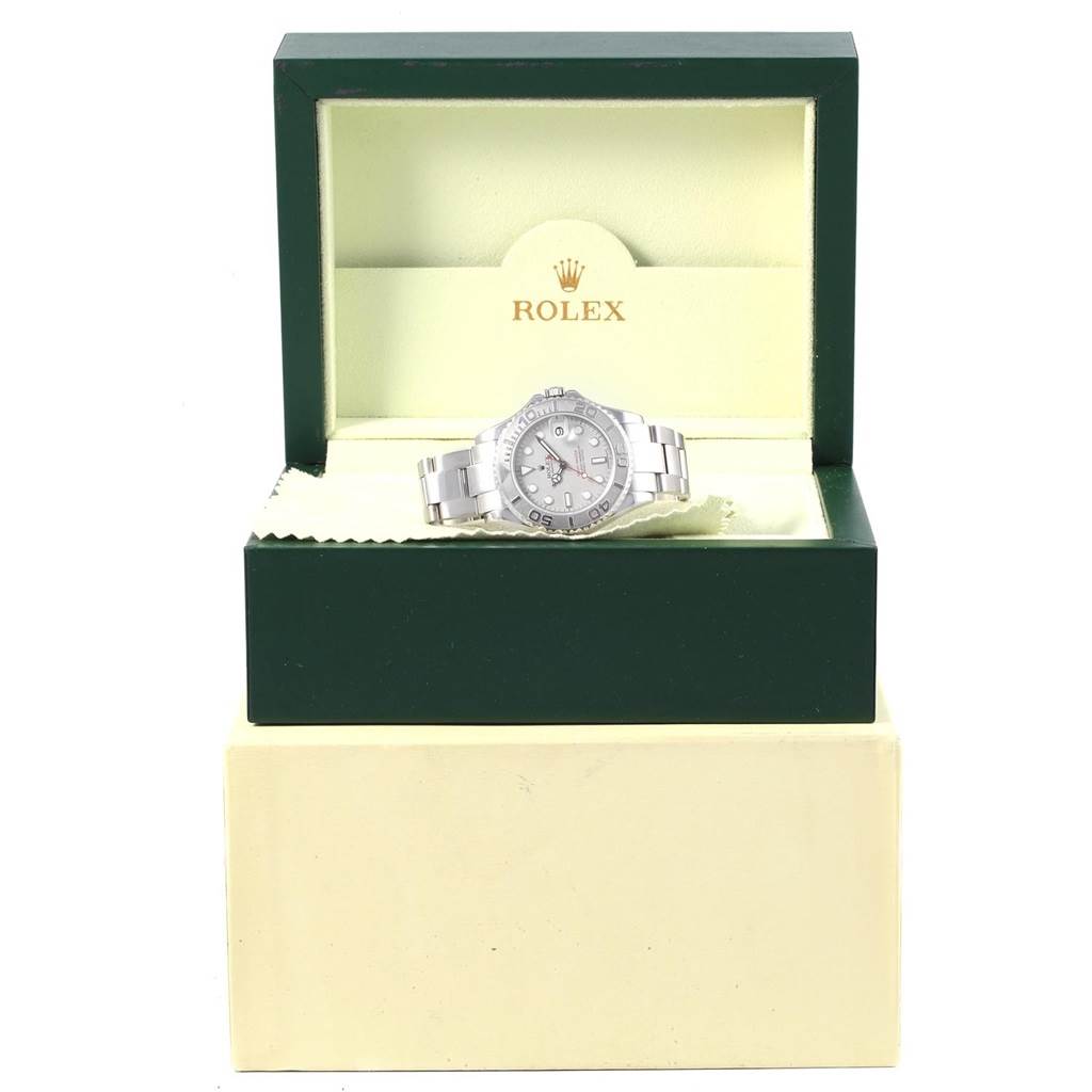 The image shows a Rolex Yacht-Master 168622 Men's Stainless Steel Silver Dial 168622 Men's Stainless Steel Silver Dial watch displayed front-facing in its open, branded box.