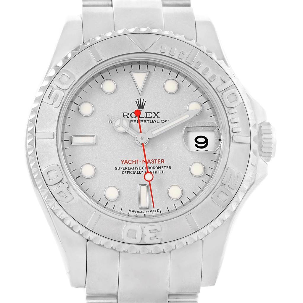 The image shows a front view of a Rolex Yacht-Master 168622 Men's Stainless Steel Silver Dial 168622 Men's Stainless Steel Silver Dial watch, highlighting the dial, bezel, and bracelet.