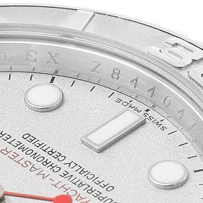 The image shows a close-up of the Rolex Yacht-Master 16622 Men's Stainless Steel Silver Dial 16622 Men's Stainless Steel Silver Dial watch dial, hour markers, and portions of the bezel and serial number.