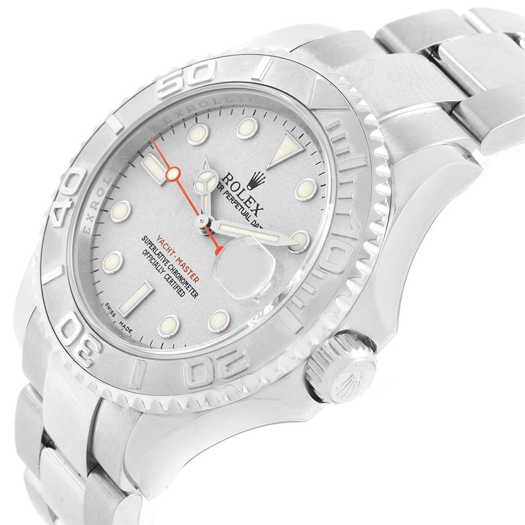 This image shows a side angle of a Rolex Yacht-Master 16622 Men's Stainless Steel Silver Dial 16622 Men's Stainless Steel Silver Dial watch, highlighting its dial, bezel, crown, and parts of the bracelet.