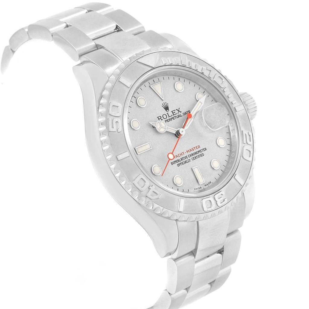 This image shows the Rolex Yacht-Master 16622 Men's Stainless Steel Silver Dial 16622 Men's Stainless Steel Silver Dial watch from a three-quarter angle, displaying the dial, bezel, and bracelet.