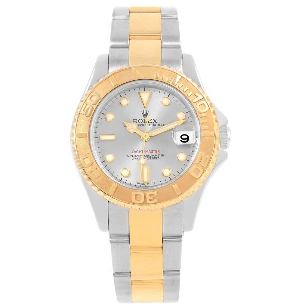 The image shows a front view of a Rolex Yacht-Master 168623 Men's Steel and Gold (two tone) Grey Dial 168623 Men's Steel and Gold (two tone) Grey Dial watch, highlighting its bezel, dial, and two-tone metal bracelet.