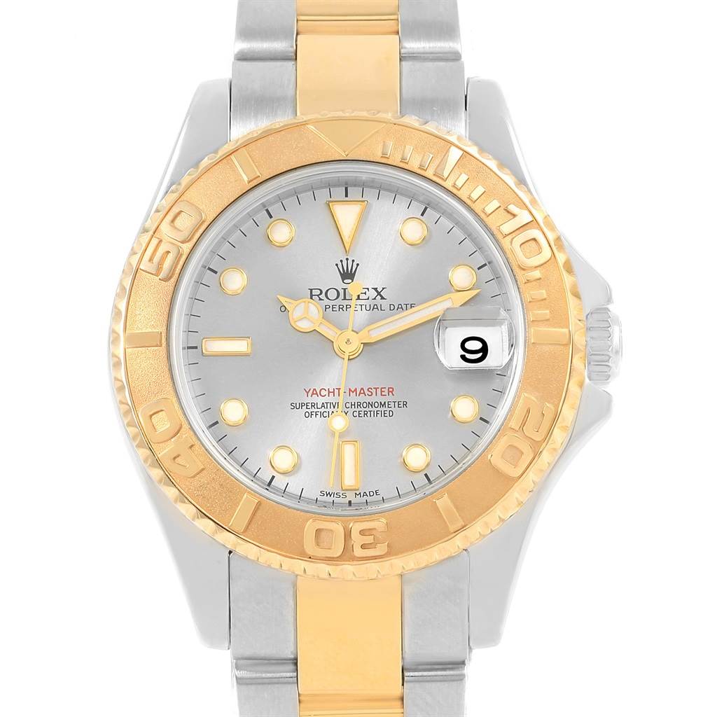 This image showcases a Rolex Yacht-Master 168623 Men's Steel and Gold (two tone) Grey Dial 168623 Men's Steel and Gold (two tone) Grey Dial watch from the front, highlighting its dial, bezel, and bracelet.