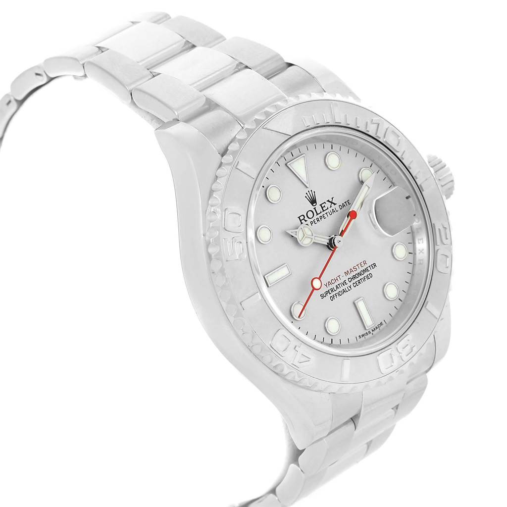 The image shows a side angle of the Rolex Yacht-Master 116622 Men's Stainless Steel Silver Dial 116622 Men's Stainless Steel Silver Dial watch, highlighting its face, bezel, crown, and part of the bracelet.