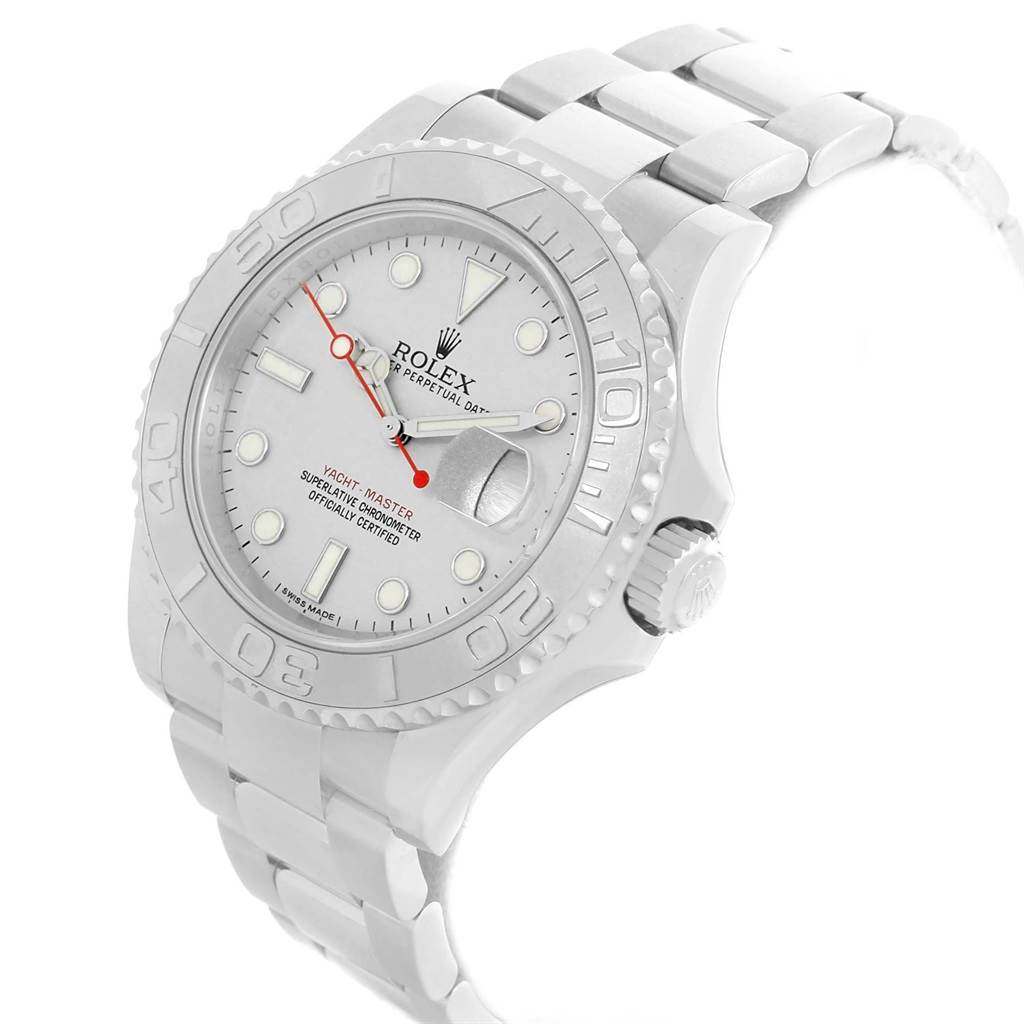 The Rolex Yacht-Master 116622 Men's Stainless Steel Silver Dial 116622 Men's Stainless Steel Silver Dial watch is shown at a front angle, displaying its face, bezel, dial, and crown.