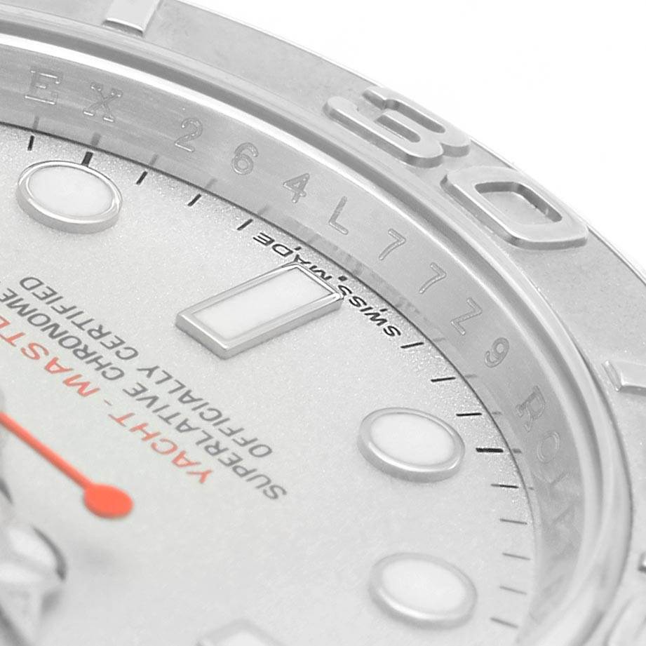 The image shows a close-up of the silver dial and bezel of a Rolex Yacht-Master 116622 Men's Stainless Steel Silver Dial 116622 Men's Stainless Steel Silver Dial watch, highlighting the hour markers and numerals.