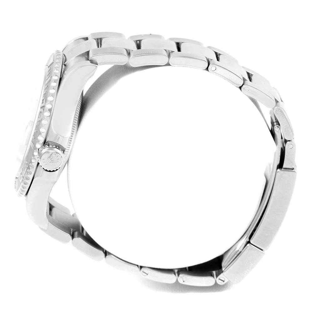 The image shows a side view of the Rolex Yacht-Master 116622 Men's Stainless Steel Silver Dial 116622 Men's Stainless Steel Silver Dial watch, highlighting the case, crown, and bracelet.