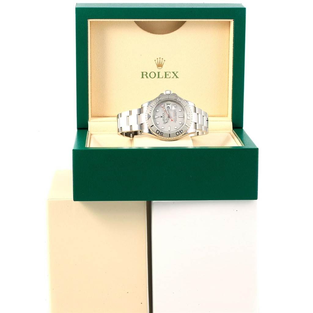 This image shows a frontal view of the Rolex Yacht-Master 116622 Men's Stainless Steel Silver Dial 116622 Men's Stainless Steel Silver Dial watch displayed in its open green box.