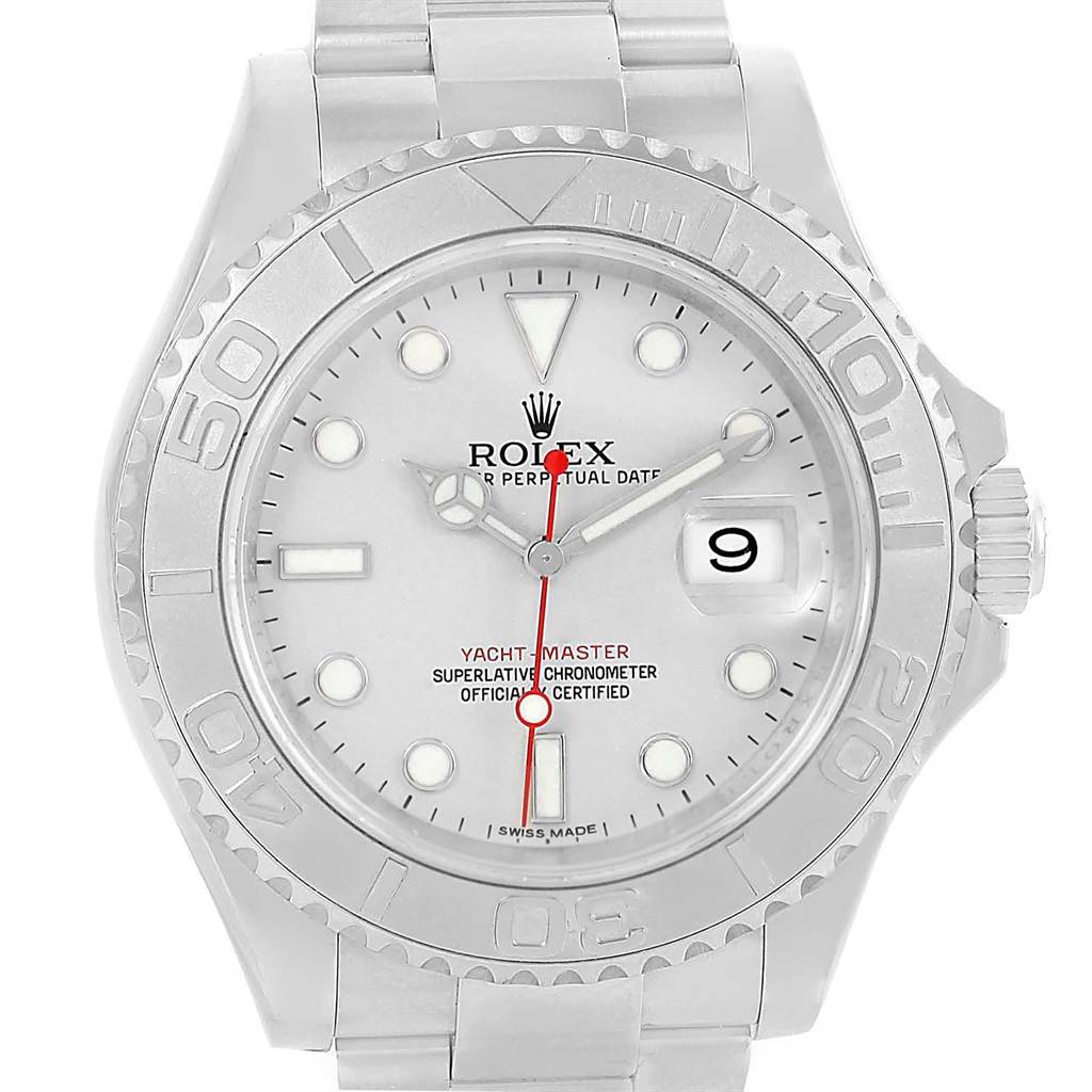 This image shows a front view of a Rolex Yacht-Master 116622 Men's Stainless Steel Silver Dial 116622 Men's Stainless Steel Silver Dial watch, highlighting the dial, bezel, and bracelet.