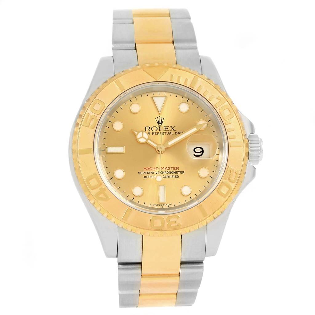 The image shows a front view of the Rolex Yacht-Master 16623 Men's Stainless Steel Champagne Dial 16623 Men's Stainless Steel Champagne Dial watch, highlighting its gold bezel, dial, and bi-metal band.