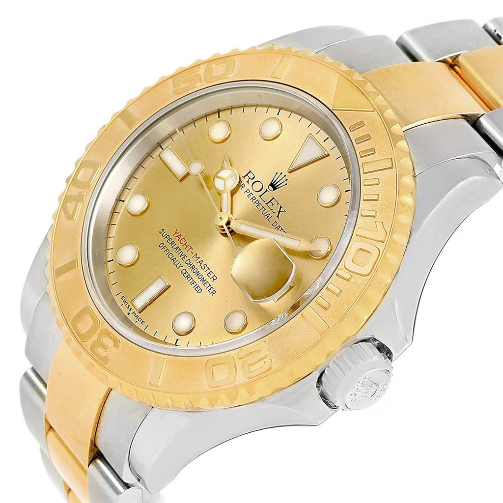 The image shows a close-up of the Rolex Yacht-Master 16623 Men's Stainless Steel Champagne Dial 16623 Men's Stainless Steel Champagne Dial watch face, crown, bezel, and part of the bracelet at an angle.