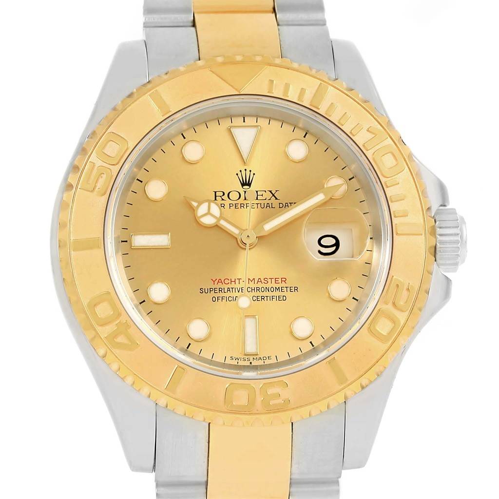 The image shows a frontal view of the Rolex Yacht-Master 16623 Men's Stainless Steel Champagne Dial 16623 Men's Stainless Steel Champagne Dial watch, highlighting its gold bezel, dial, and bi-metal bracelet.