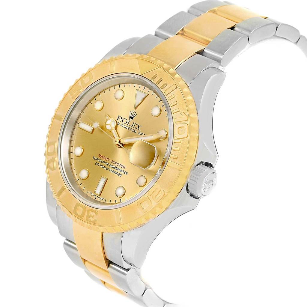 The Rolex Yacht-Master 16623 Men's Stainless Steel Champagne Dial 16623 Men's Stainless Steel Champagne Dial watch is shown at a slight angle, highlighting the face, bezel, crown, and part of the bracelet.