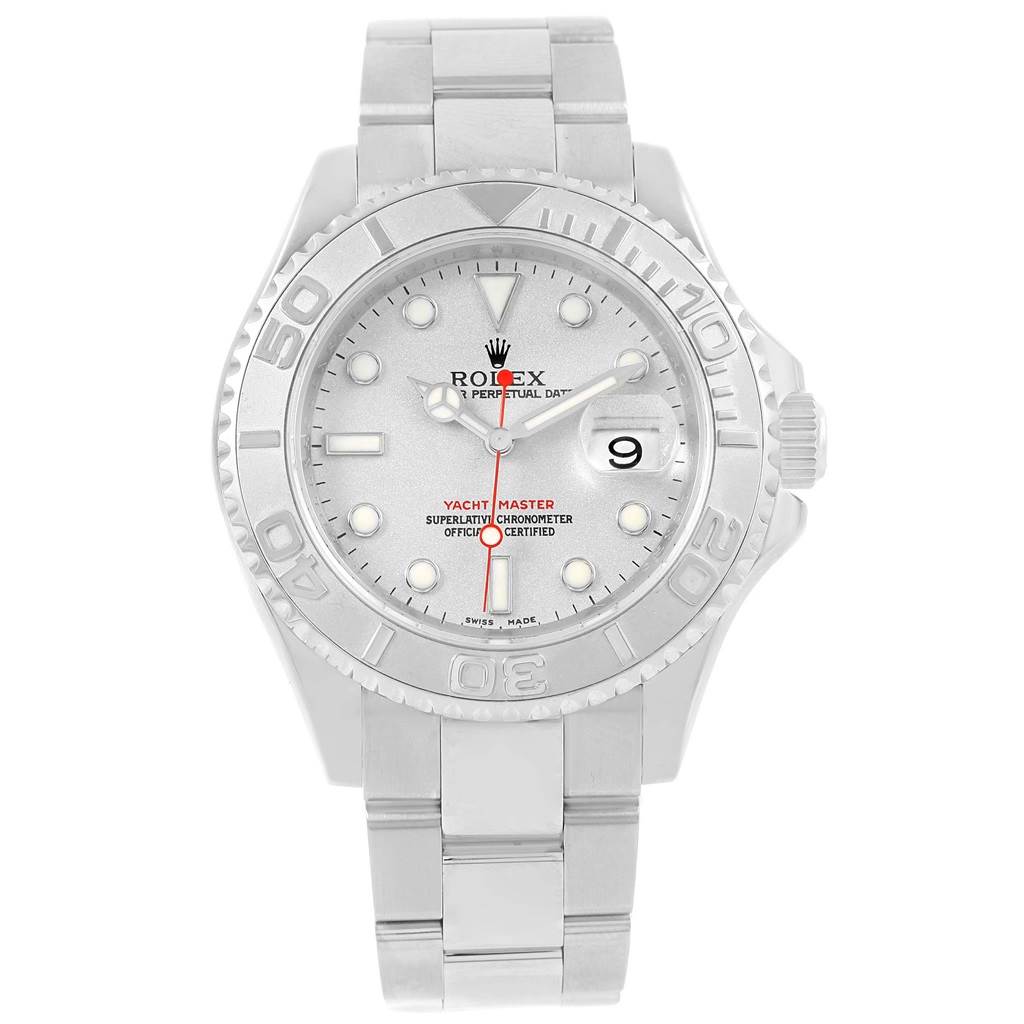 This image shows a Rolex Yacht-Master 16622 Men's Stainless Steel Silver Dial 16622 Men's Stainless Steel Silver Dial watch from a frontal angle, displaying the dial, bezel, case, and bracelet.