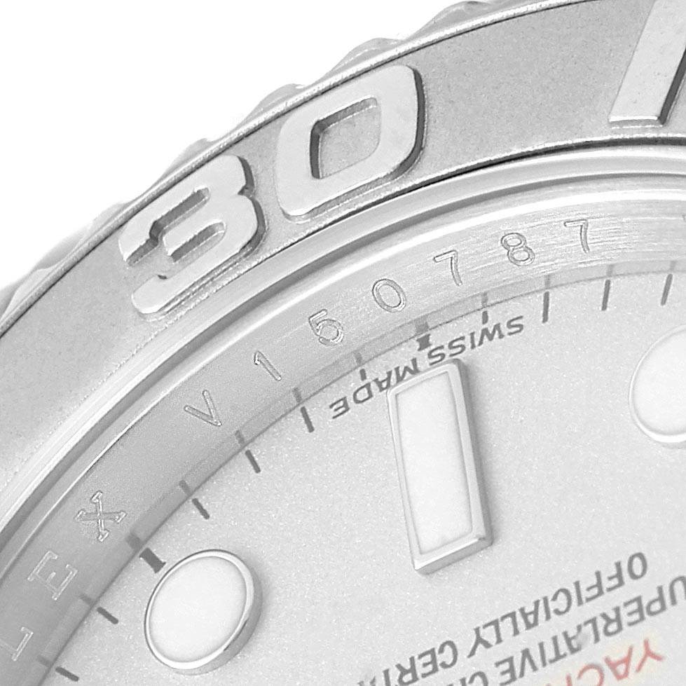 This image shows a close-up of the bezel, part of the dial, and markers of a Rolex Yacht-Master 16622 Men's Stainless Steel Silver Dial 16622 Men's Stainless Steel Silver Dial watch.