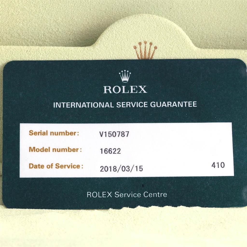 The image shows a Rolex International Service Guarantee card for the Yacht-Master model with serial number V150787 and model number 16622.