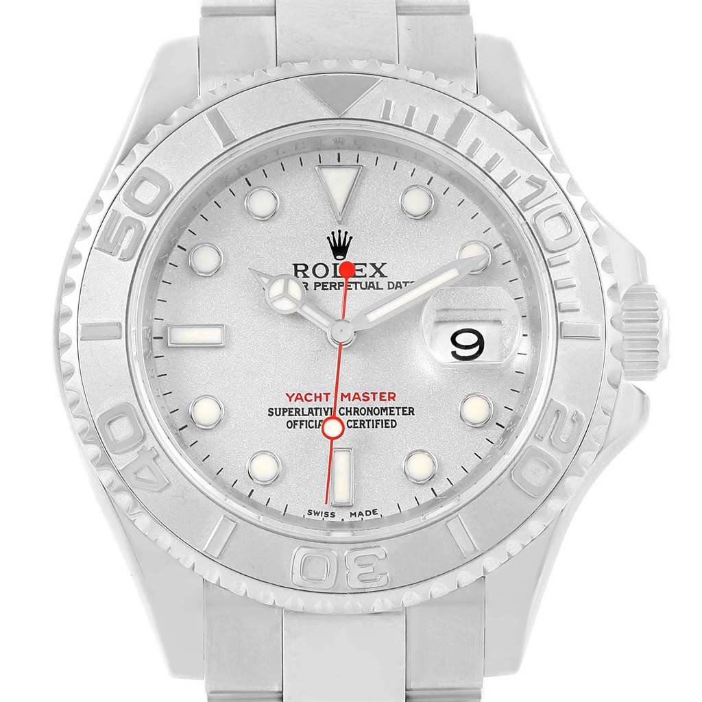 The image shows a front view of a Rolex Yacht-Master 16622 Men's Stainless Steel Silver Dial 16622 Men's Stainless Steel Silver Dial watch, highlighting the dial, bezel, and bracelet.