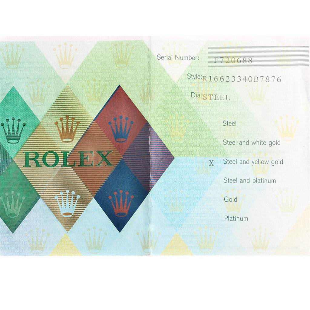 This image shows a warranty certificate for the Rolex Yacht-Master 16623 Men's Stainless Steel Grey Dial 16623 Men's Stainless Steel Grey Dial model, featuring the serial number, style, and dial material.