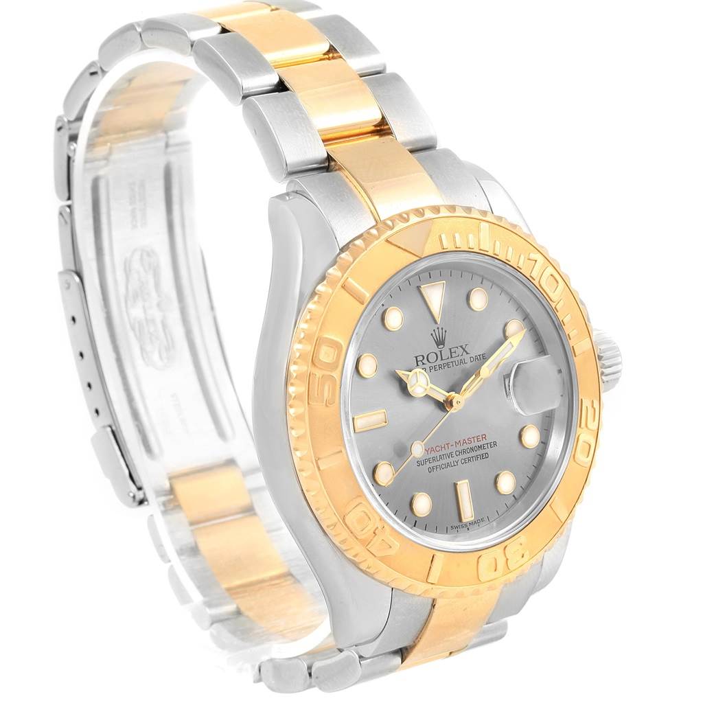 The Rolex Yacht-Master 16623 Men's Stainless Steel Grey Dial 16623 Men's Stainless Steel Grey Dial watch is shown at an angle displaying the dial, bezel, and bracelet.