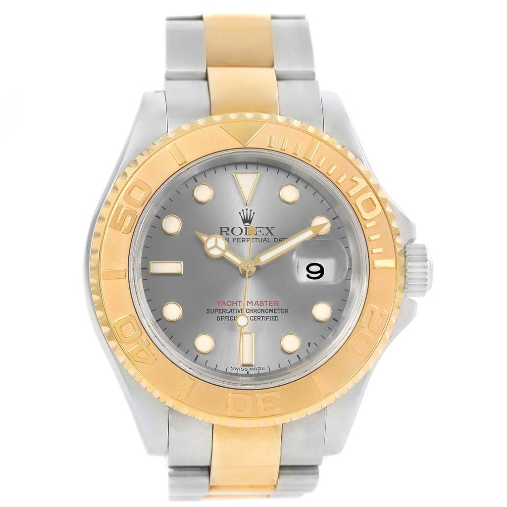 The Rolex Yacht-Master 16623 Men's Stainless Steel Grey Dial 16623 Men's Stainless Steel Grey Dial watch is shown from a front angle, highlighting the dial, bezel, and bracelet.