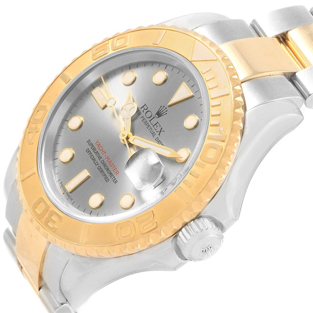 This Rolex Yacht-Master 16623 Men's Stainless Steel Grey Dial 16623 Men's Stainless Steel Grey Dial watch is shown at an angle displaying the face, bezel, crown, and partial bracelet.