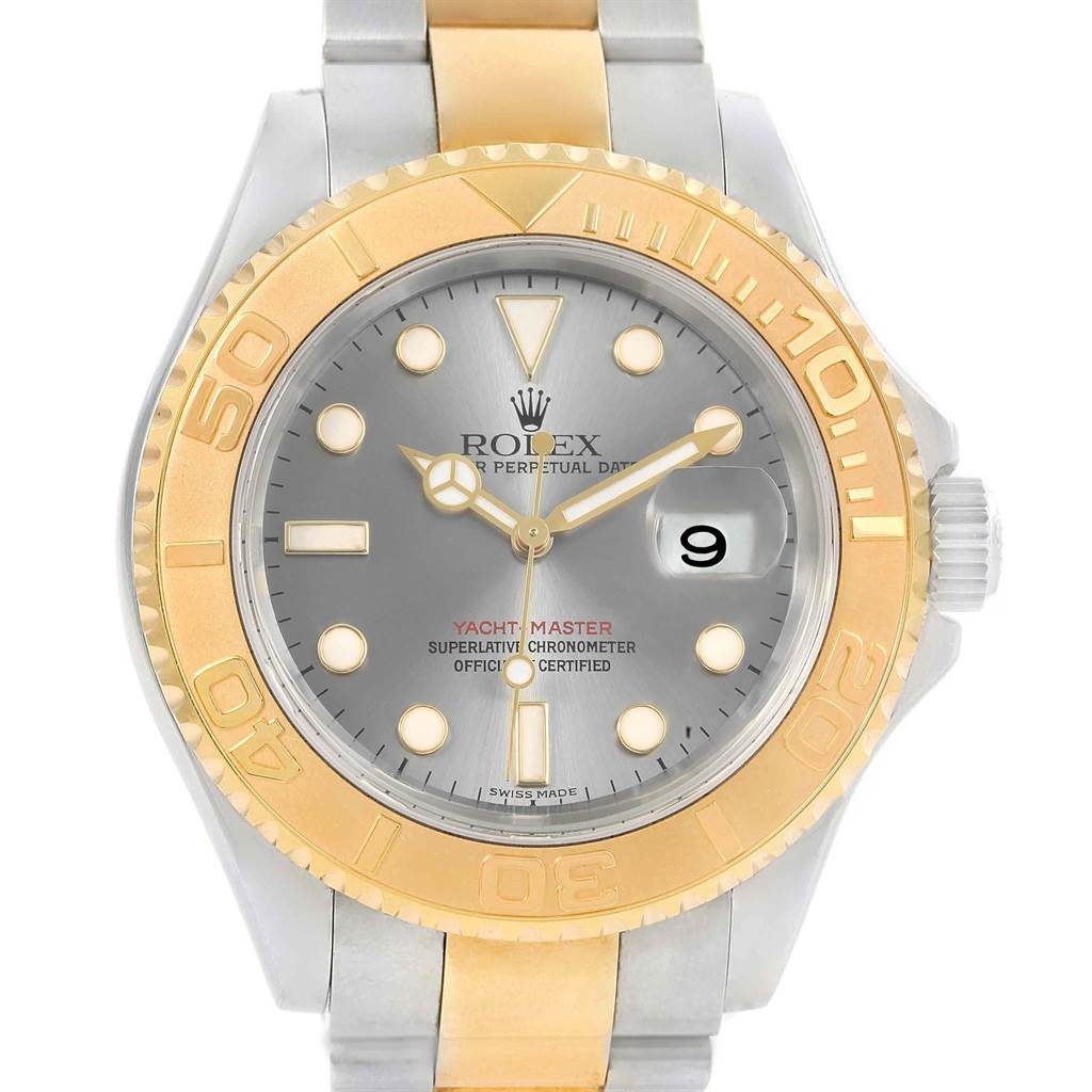 The image shows a front view of a Rolex Yacht-Master 16623 Men's Stainless Steel Grey Dial 16623 Men's Stainless Steel Grey Dial watch, featuring a gold bezel, gray dial, and gold and silver bracelet.