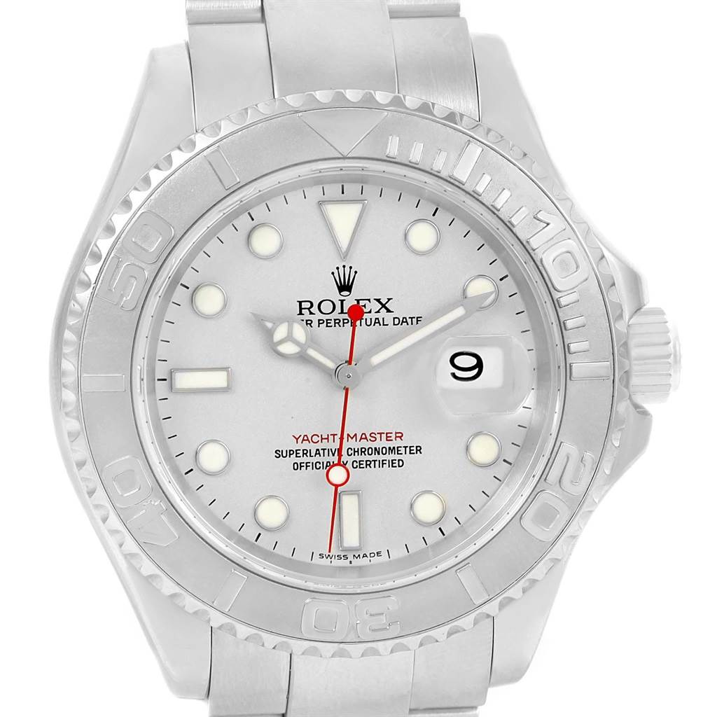 The image shows a frontal view of a Rolex Yacht-Master 16622 Men's Stainless Steel Silver Dial 16622 Men's Stainless Steel Silver Dial watch, highlighting its dial, bezel, and bracelet.