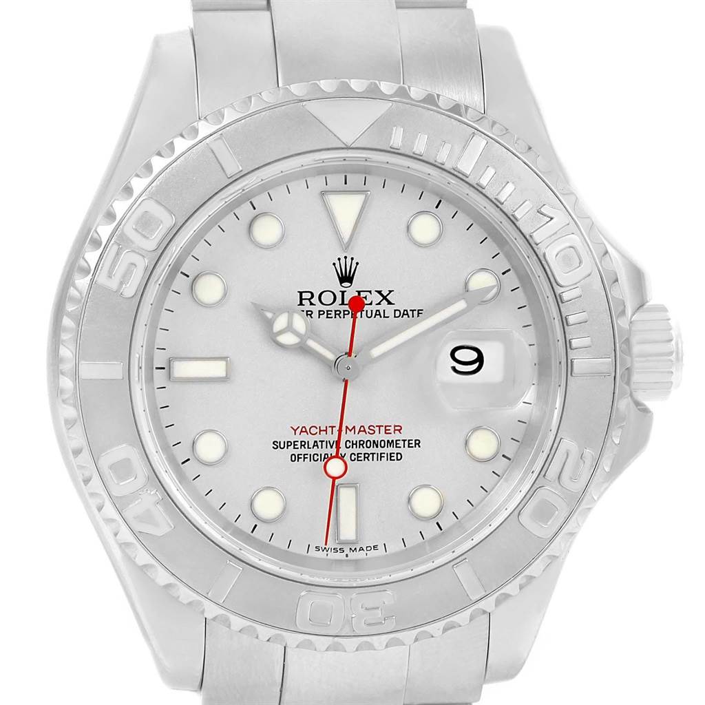 This Rolex Yacht-Master 16622 Men's Stainless Steel Silver Dial 16622 Men's Stainless Steel Silver Dial watch is shown from the front angle, displaying the bezel, dial, and bracelet.