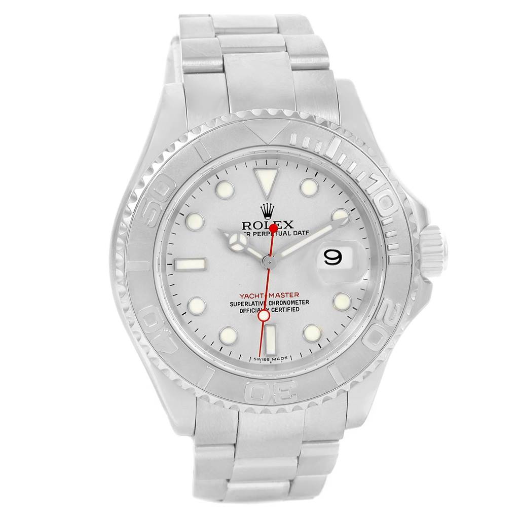The image shows a front view of a Rolex Yacht-Master 16622 Men's Stainless Steel Silver Dial 16622 Men's Stainless Steel Silver Dial watch, displaying its dial, bezel, hands, and bracelet.