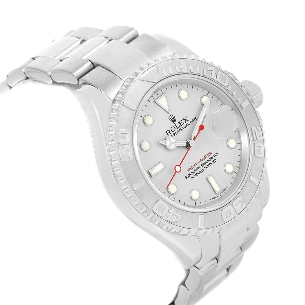 The image shows a white Rolex Yacht-Master 16622 Men's Stainless Steel Silver Dial 16622 Men's Stainless Steel Silver Dial watch at an angled view, highlighting its face, bezel, indices, hands, and the start of its bracelet.