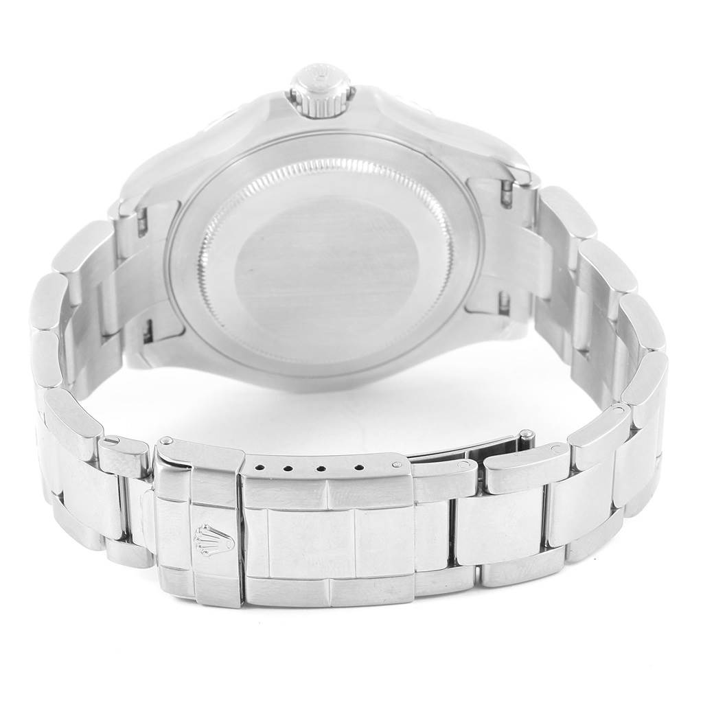 This image shows the back view of a Rolex Yacht-Master 16622 Men's Stainless Steel Silver Dial 16622 Men's Stainless Steel Silver Dial watch, highlighting the case back, crown, and bracelet with clasp.