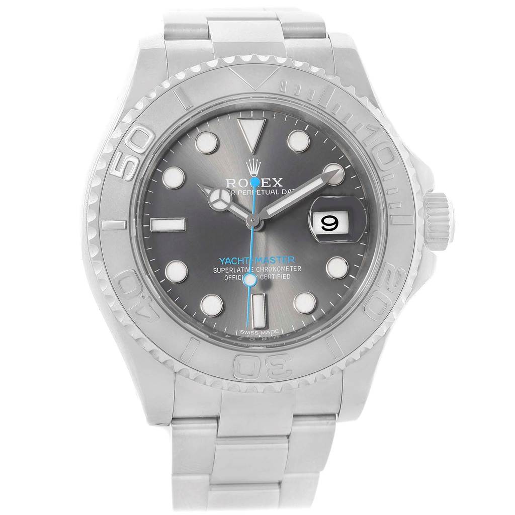The image shows a front view of the Rolex Yacht-Master 116622 Stainless Steel Grey Dial 116622 Stainless Steel Grey Dial watch, displaying its dial, bezel, hands, and bracelet.