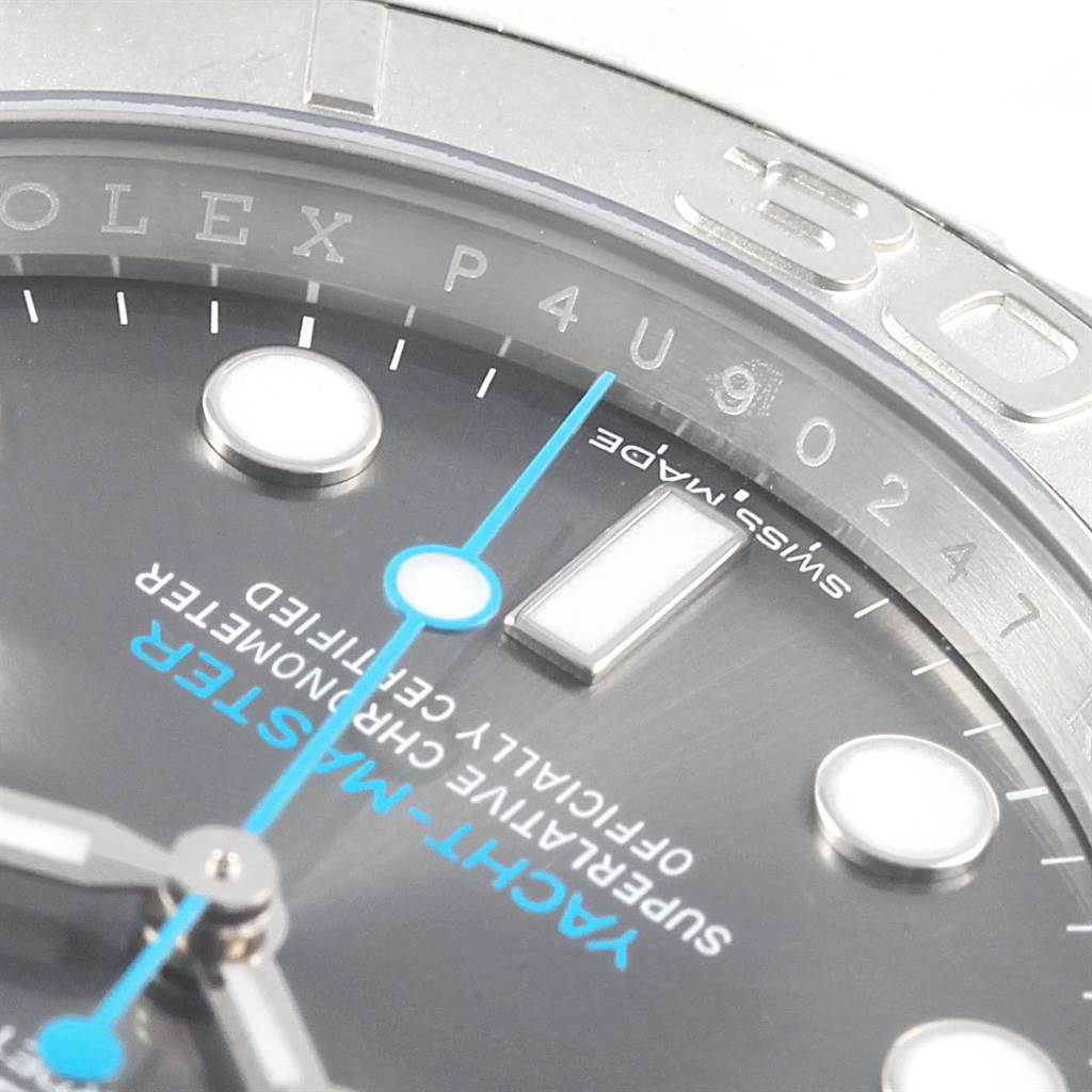 Close-up angle showing the dial, bezel, and part of the chapter ring of the Rolex Yacht-Master 116622 Stainless Steel Grey Dial 116622 Stainless Steel Grey Dial watch.