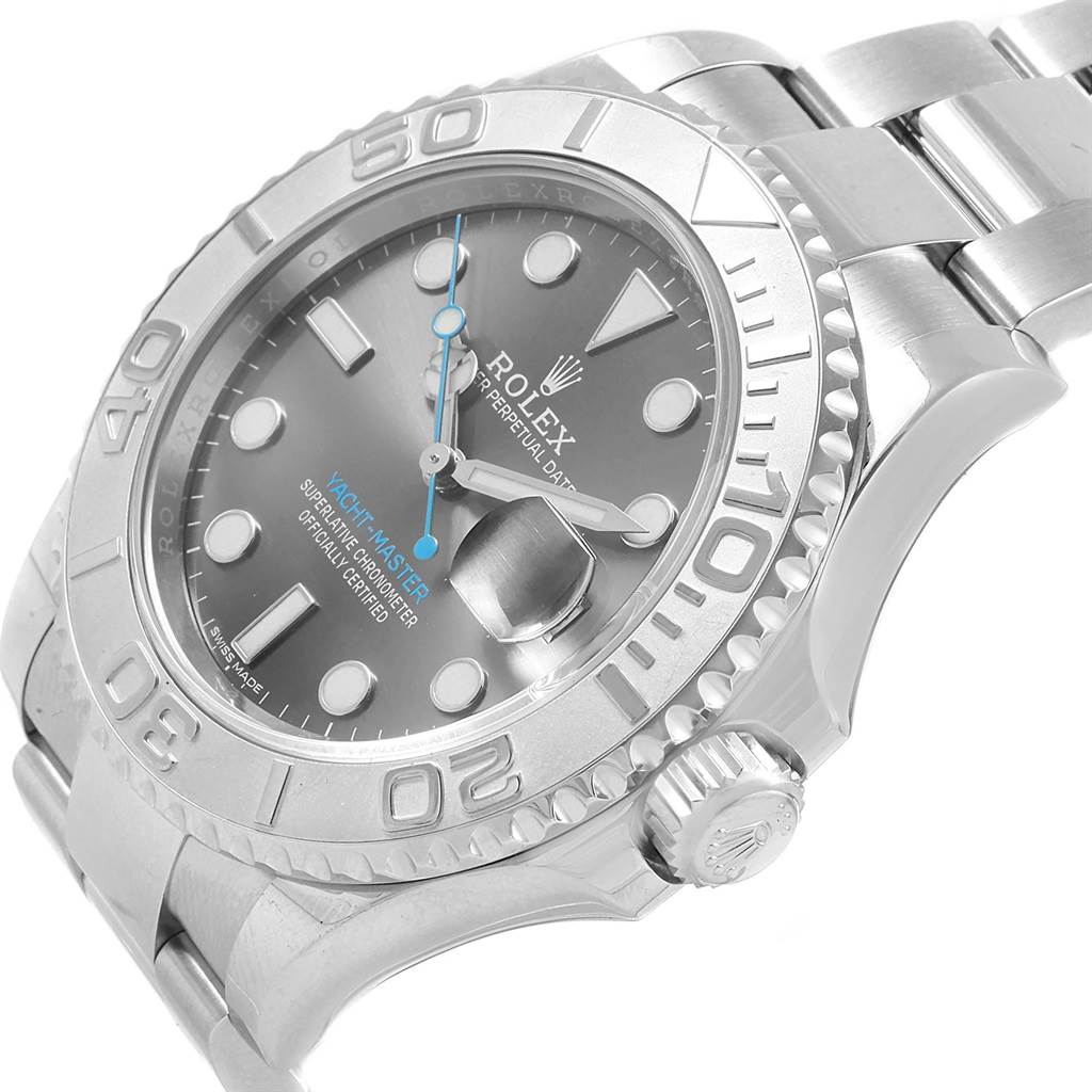 This image shows the face and partial bracelet of the Rolex Yacht-Master 116622 Stainless Steel Grey Dial 116622 Stainless Steel Grey Dial watch at a slight angle, highlighting the bezel and crown.
