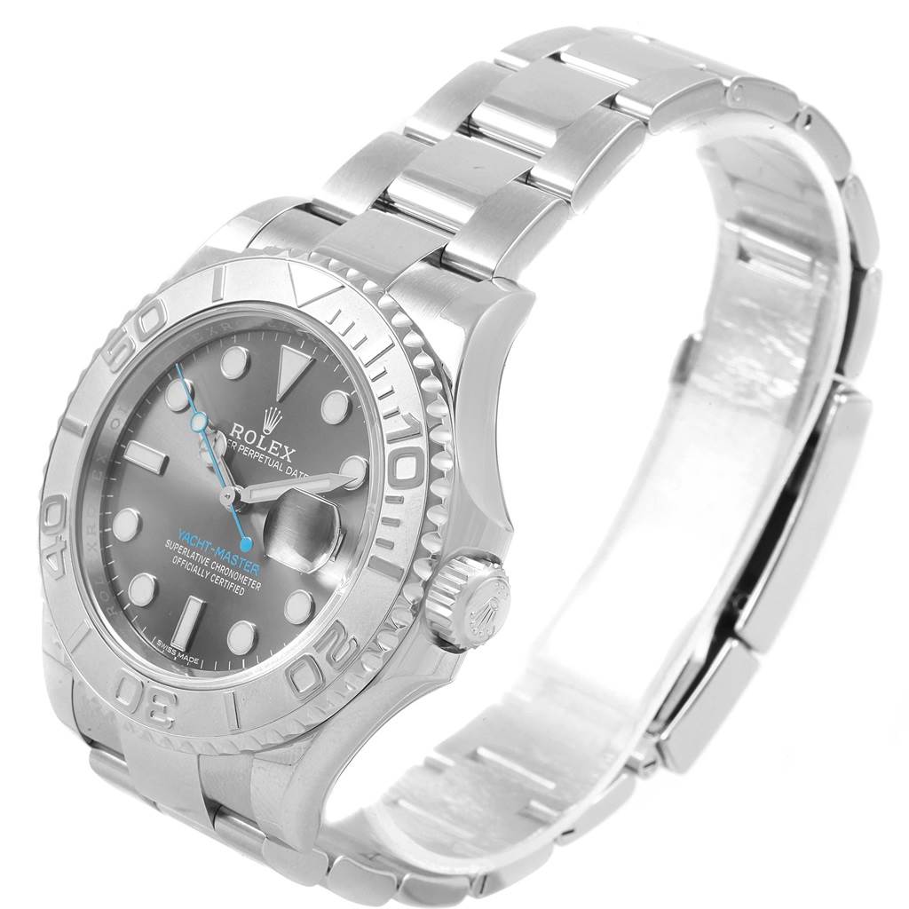 This image shows a Rolex Yacht-Master 116622 Stainless Steel Grey Dial 116622 Stainless Steel Grey Dial watch from an angled front view, highlighting the watch face, bezel, and bracelet.