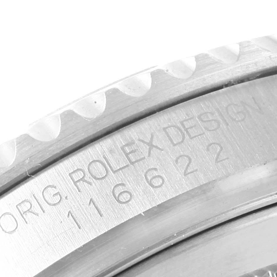 The image is a close-up of the side of a Rolex Yacht-Master 116622 Stainless Steel Grey Dial 116622 Stainless Steel Grey Dial's case, showing the model number and part of the bezel.