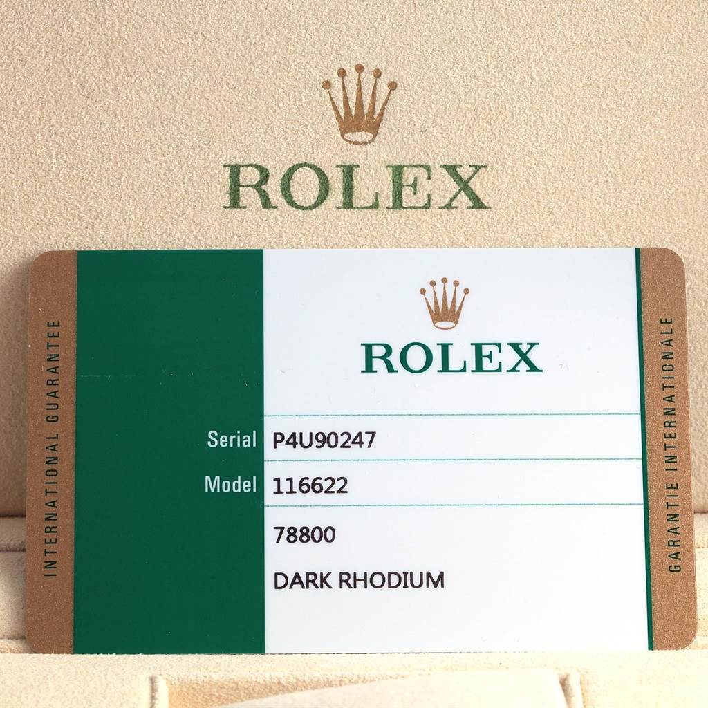 The image shows the warranty card for the Rolex Yacht-Master 116622 Stainless Steel Grey Dial 116622 Stainless Steel Grey Dial model 116622, detailing its serial number and model information.