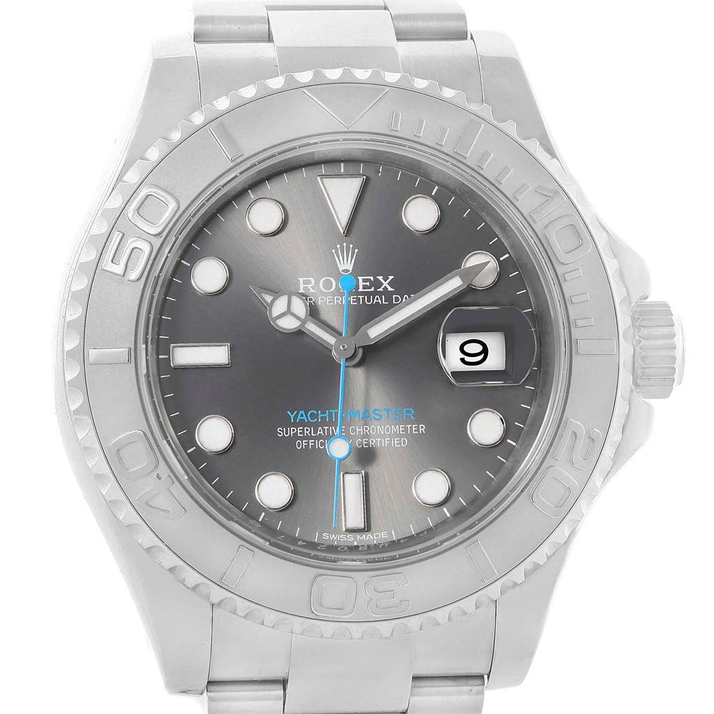 The image shows a front-facing view of a Rolex Yacht-Master 116622 Stainless Steel Grey Dial 116622 Stainless Steel Grey Dial watch, highlighting its dial, bezel, and bracelet.