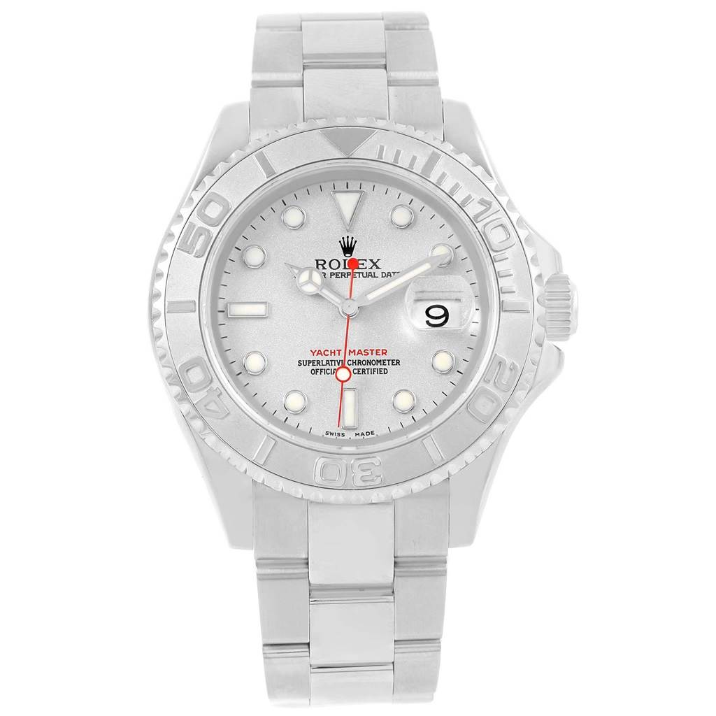 The image shows a front view of the Rolex Yacht-Master 16622 Men's Stainless Steel Silver Dial 16622 Men's Stainless Steel Silver Dial watch, highlighting its dial, bezel, and bracelet.