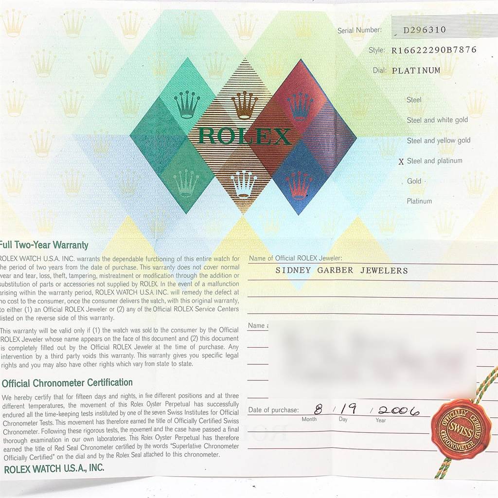 This image shows the warranty card for the Rolex Yacht-Master 16622 Men's Stainless Steel Silver Dial 16622 Men's Stainless Steel Silver Dial model, detailing the serial number, purchase date, and official jeweler information.