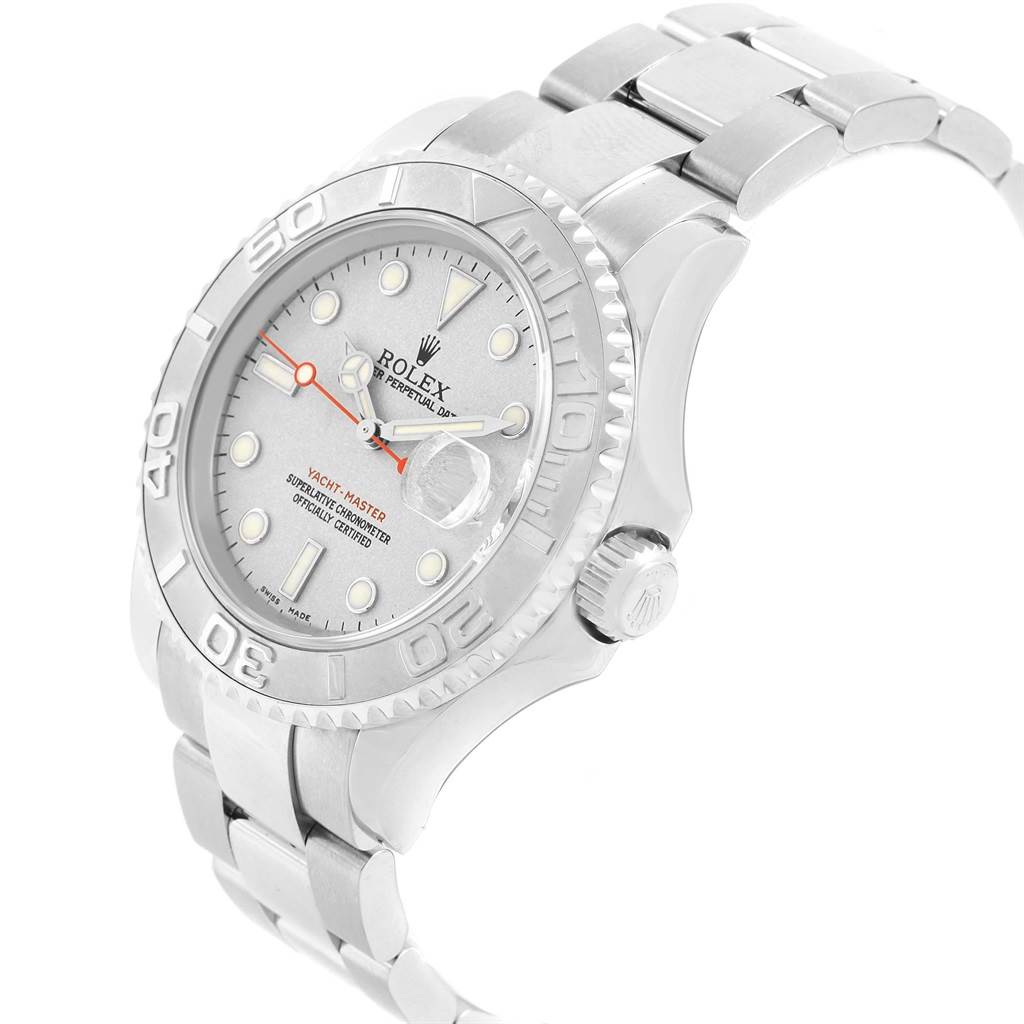 The image shows a Rolex Yacht-Master 16622 Men's Stainless Steel Silver Dial 16622 Men's Stainless Steel Silver Dial watch from a front-top angle, highlighting the dial, bezel, case, and bracelet.