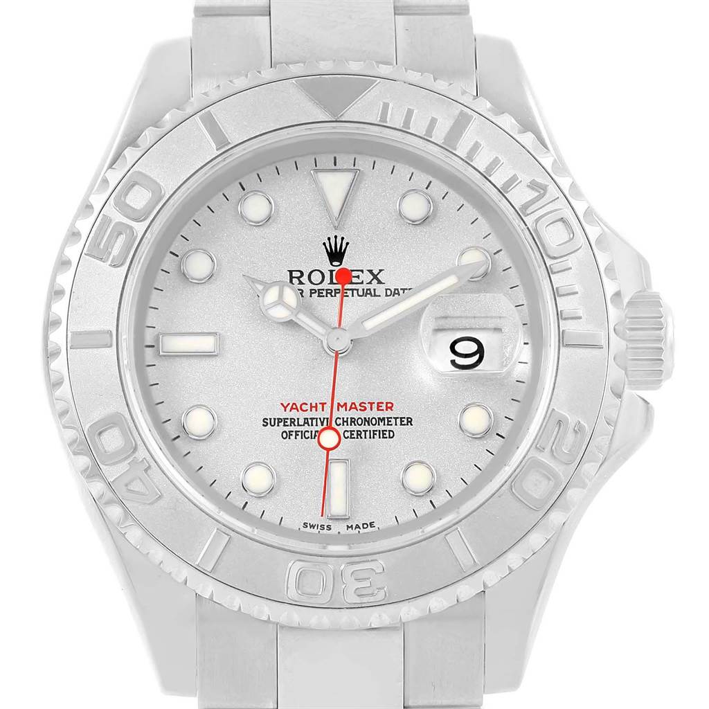 The image shows a frontal view of the Rolex Yacht-Master 16622 Men's Stainless Steel Silver Dial 16622 Men's Stainless Steel Silver Dial watch, highlighting its face, bezel, and bracelet.