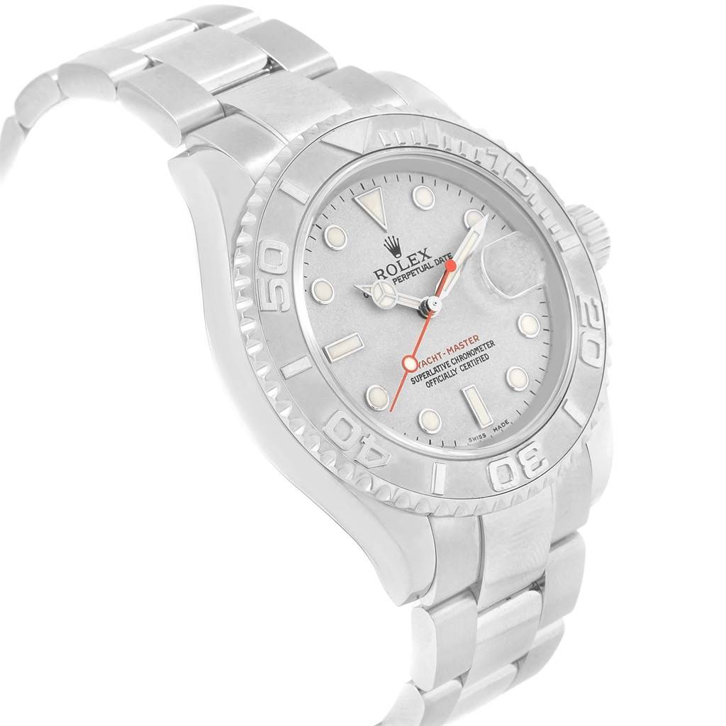 The Rolex Yacht-Master 16622 Men's Stainless Steel Silver Dial 16622 Men's Stainless Steel Silver Dial watch is shown at a slight angle, highlighting its dial, bezel, crown, and bracelet.