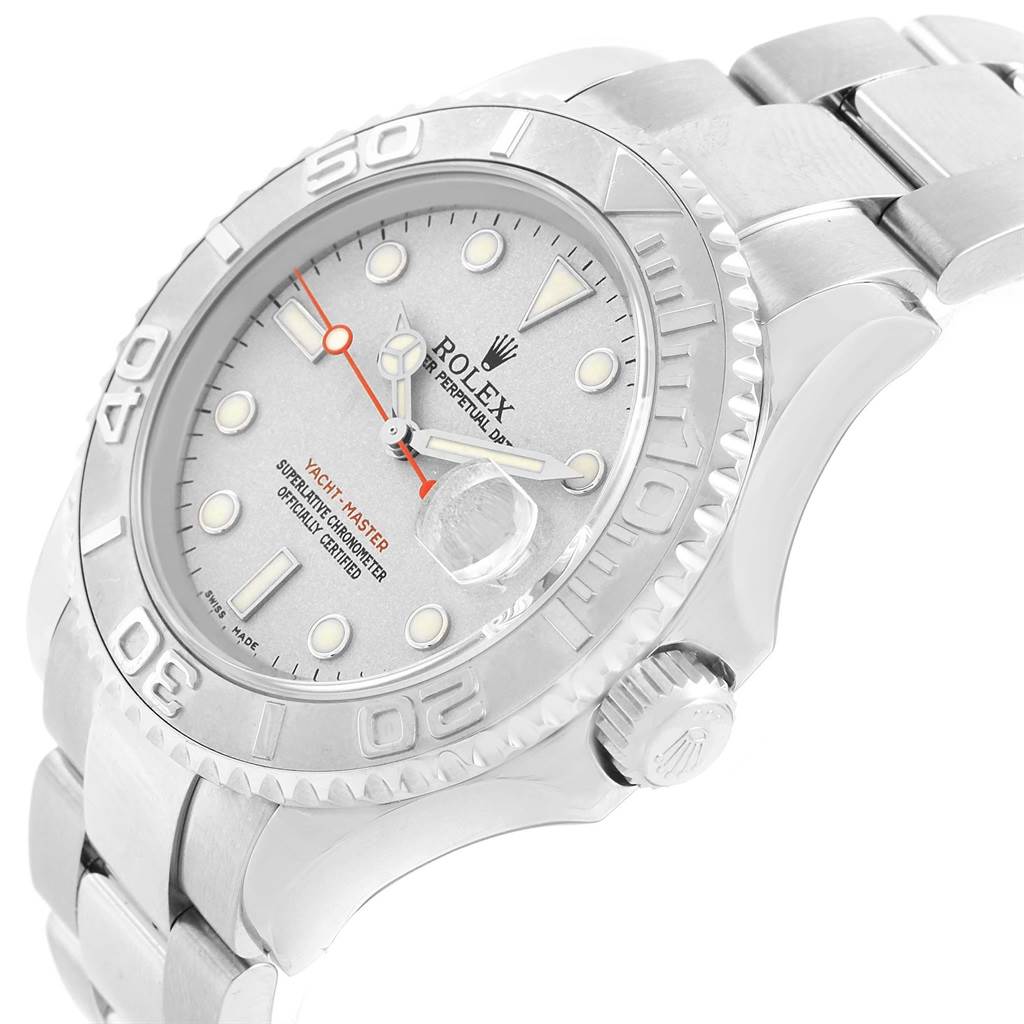 The image shows a close-up angle of the Rolex Yacht-Master 16622 Men's Stainless Steel Silver Dial 16622 Men's Stainless Steel Silver Dial watch, highlighting its face, bezel, and part of the bracelet.