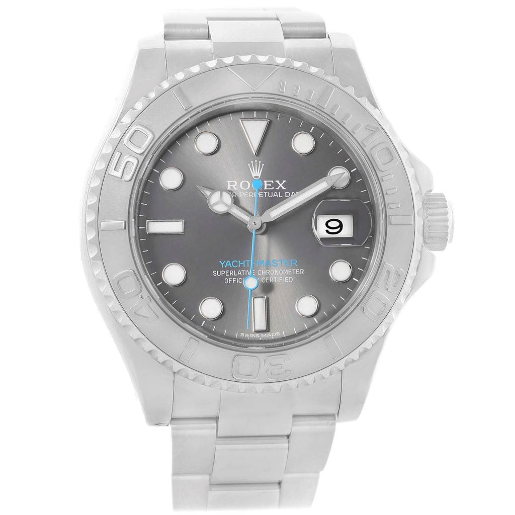 This image shows a front view of a Rolex Yacht-Master 116622 Men's Stainless Steel Grey Dial 116622 Men's Stainless Steel Grey Dial watch, highlighting the dial, bezel, and bracelet.