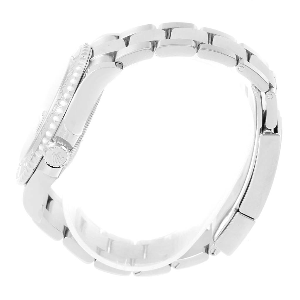 The Rolex Yacht-Master 116622 Men's Stainless Steel Grey Dial 116622 Men's Stainless Steel Grey Dial watch is shown from the side, highlighting the bezel, crown, and bracelet links.