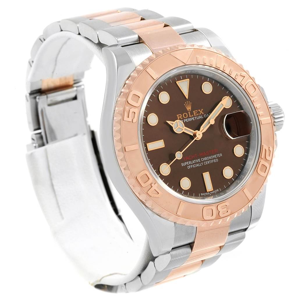 This Rolex Yacht-Master 116621 Men's Stainless Steel Brown Dial 116621 Men's Stainless Steel Brown Dial watch is shown at an angle displaying the dial, bezel, and bracelet.