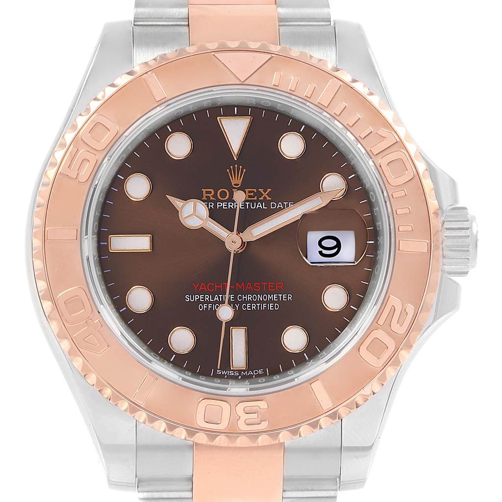 The Rolex Yacht-Master 116621 Men's Stainless Steel Brown Dial 116621 Men's Stainless Steel Brown Dial watch is pictured front-on, showing the bezel, dial, hands, markers, and date window at 3 o'clock.